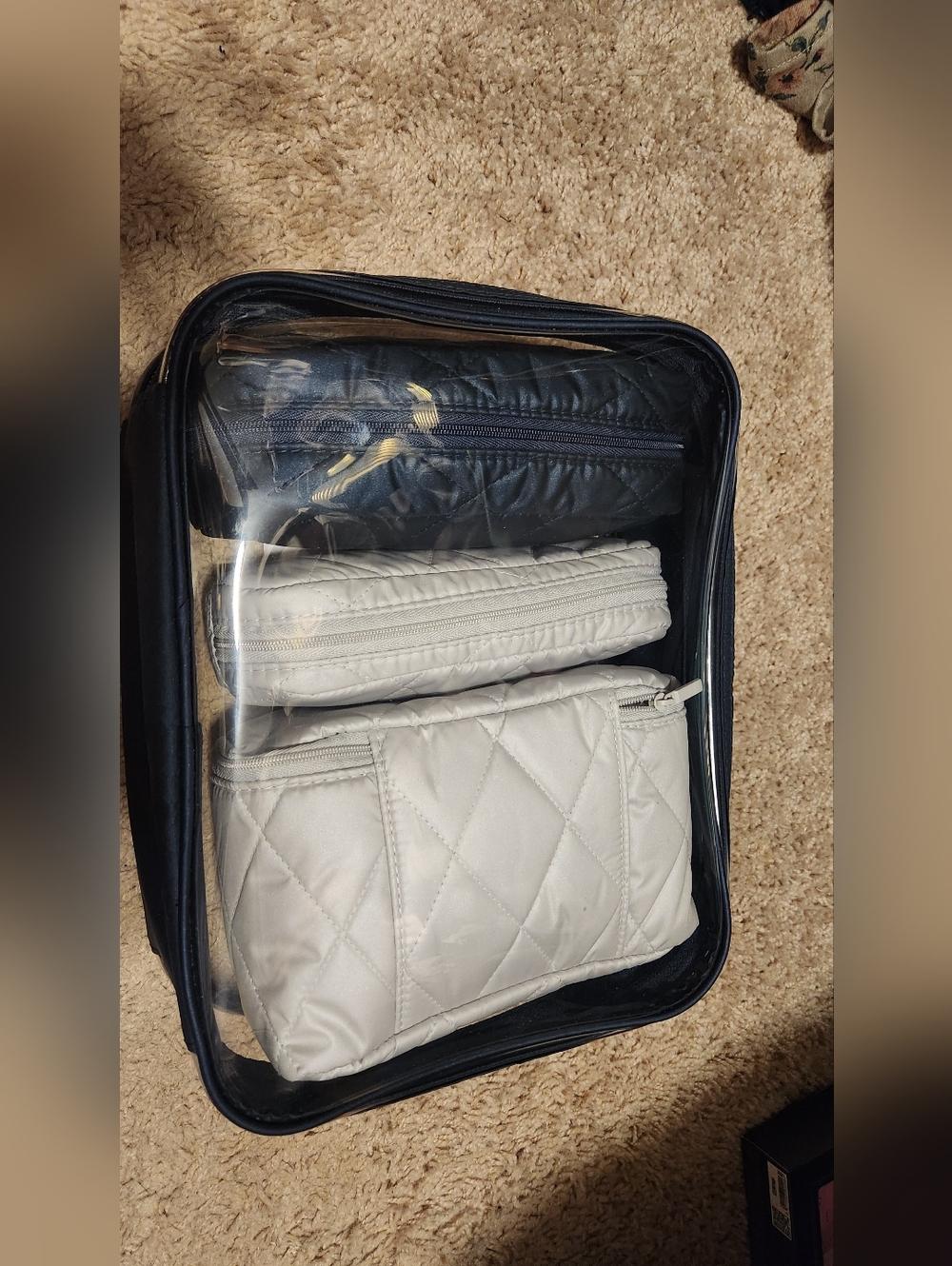 Clear Travel Pouch with Quilted Off-White Cosmetic Bags